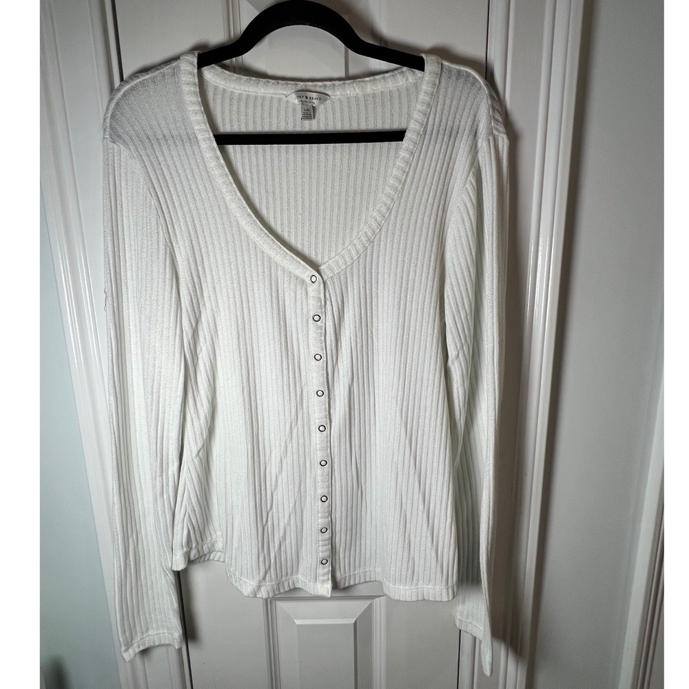 Lucky Brand Womens Ribbed V-Neck Button Front Long Sleeve Cardigan White Large